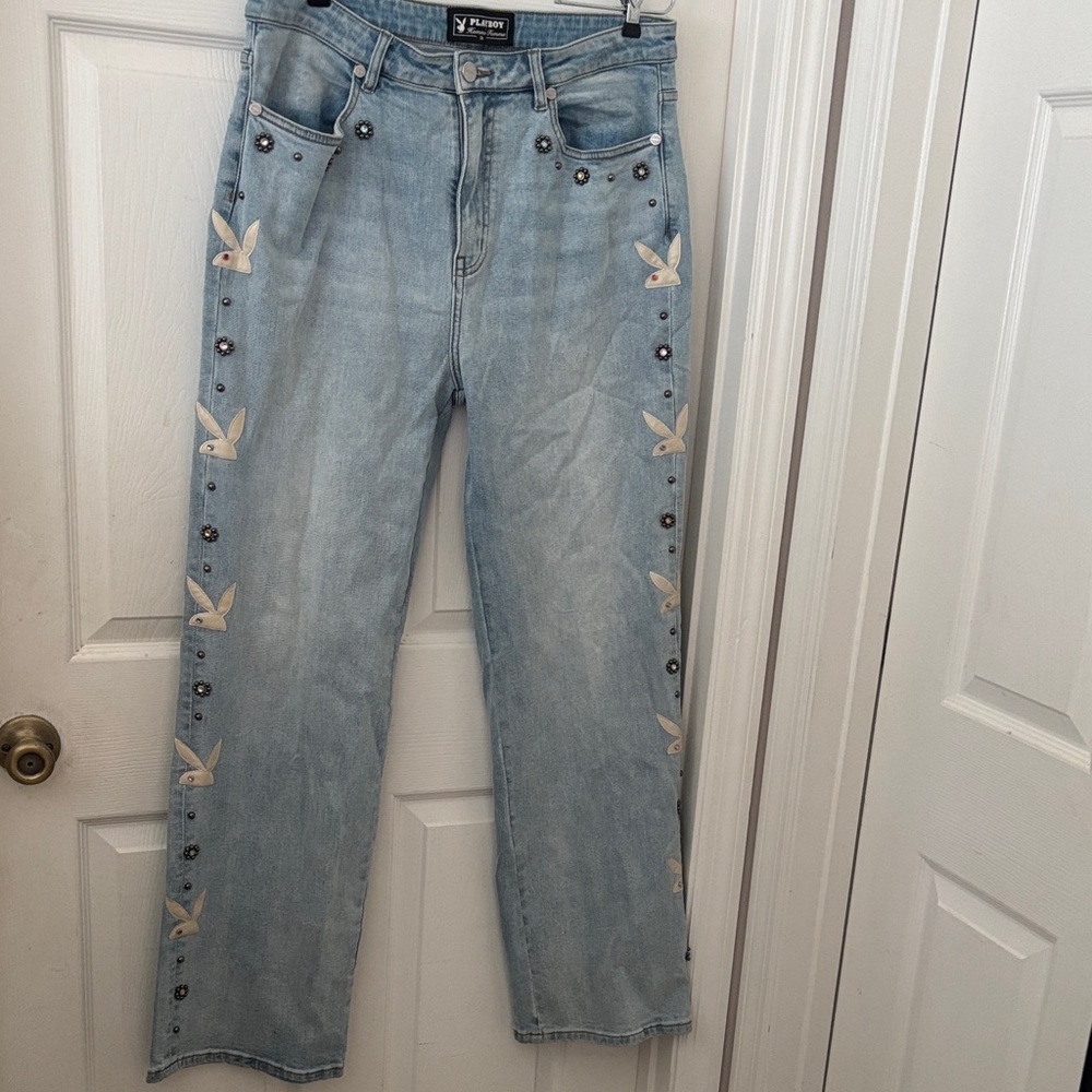 PLAYBOY Light Blue Straight Leg Jeans with White Bunny Embroidery